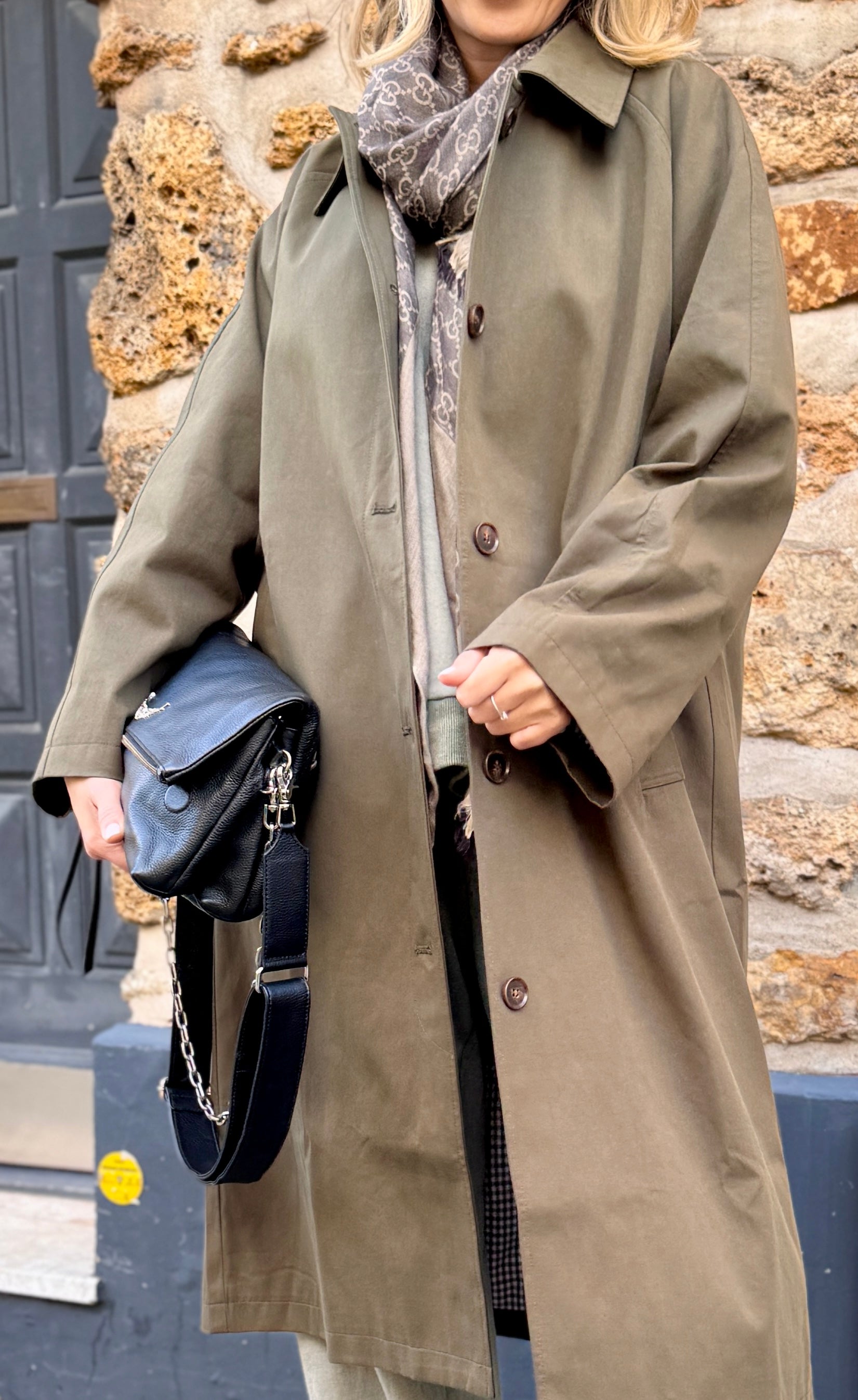 TRENCH LONG À DOUBLURE CARREAUX KAKI