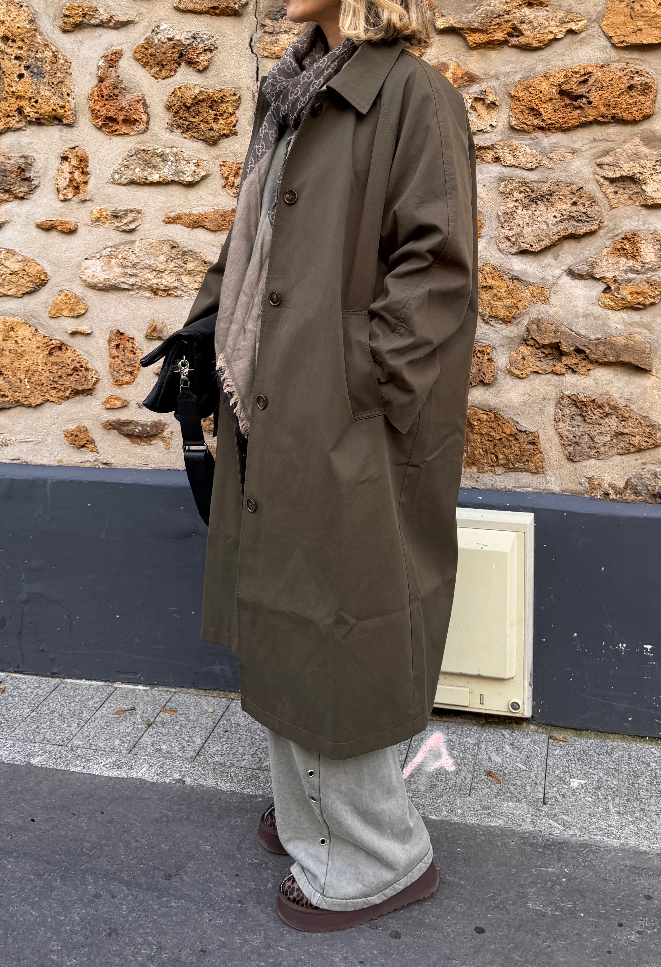 TRENCH LONG À DOUBLURE CARREAUX KAKI